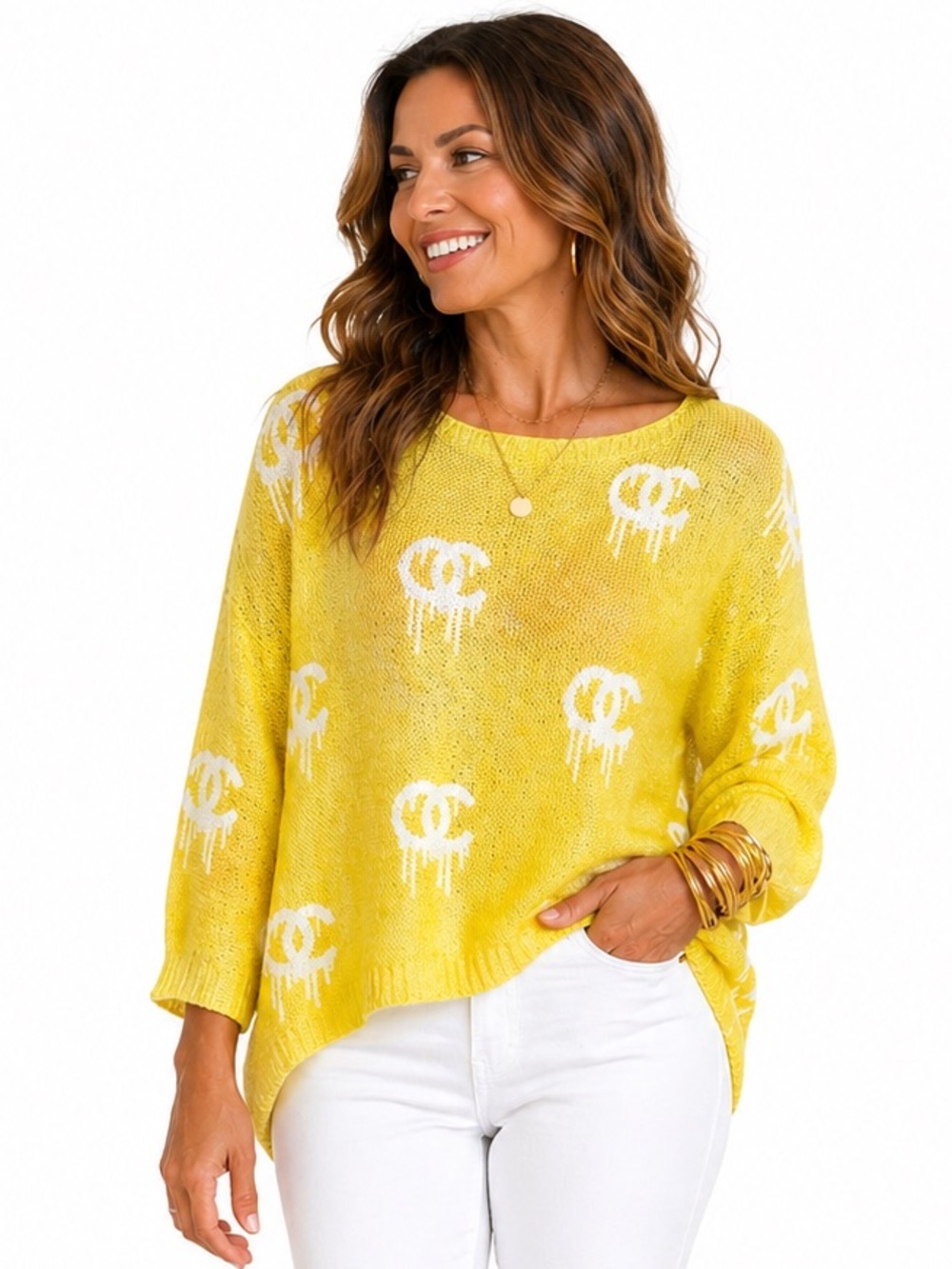 FREE For Humanity Graphic Logo Knit Sweater Oversized Lightweight Yellow Medium